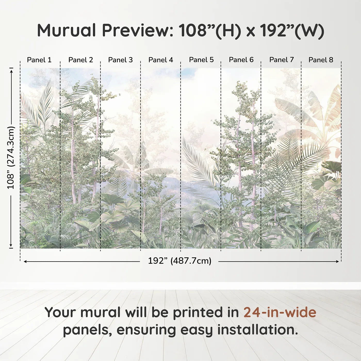 Whimsy Tots Misty Jungle Heights Wall Muraldimension view (108" H x 192" W). Printed in eight 24-inch-wide panels. Gender-Neutral