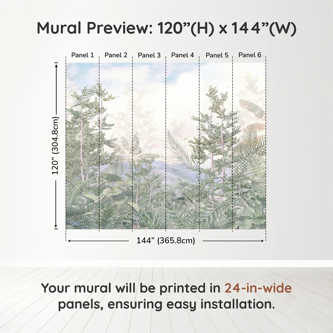 Whimsy Tots Misty Jungle Heights Wall Muraldimension view (120" H x 144" W). Printed in six 24-inch-wide panels. Gender-Neutral