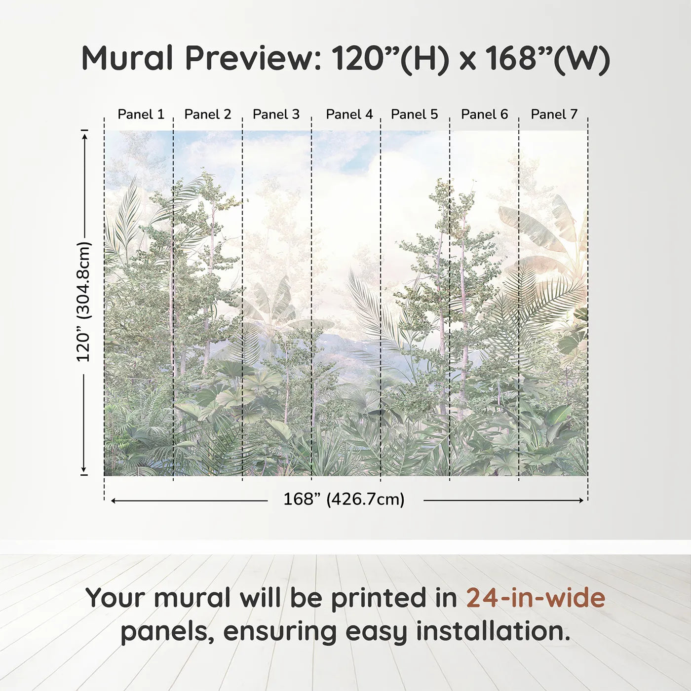 Whimsy Tots Misty Jungle Heights Wall Muraldimension view (120" H x 168" W). Printed in seven 24-inch-wide panels. Gender-Neutral