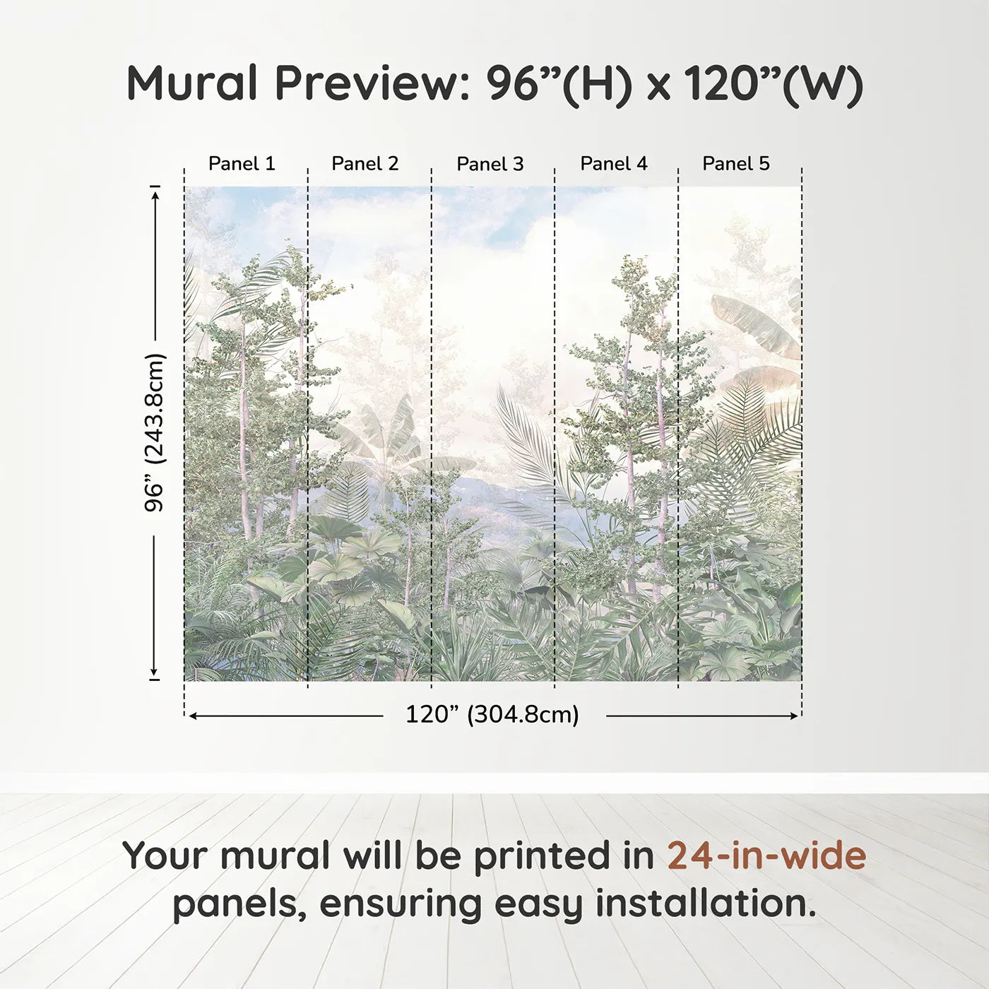 Whimsy Tots Misty Jungle Heights Wall Muraldimension view (96" H x 120" W). Printed in five 24-inch-wide panels. Gender-Neutral