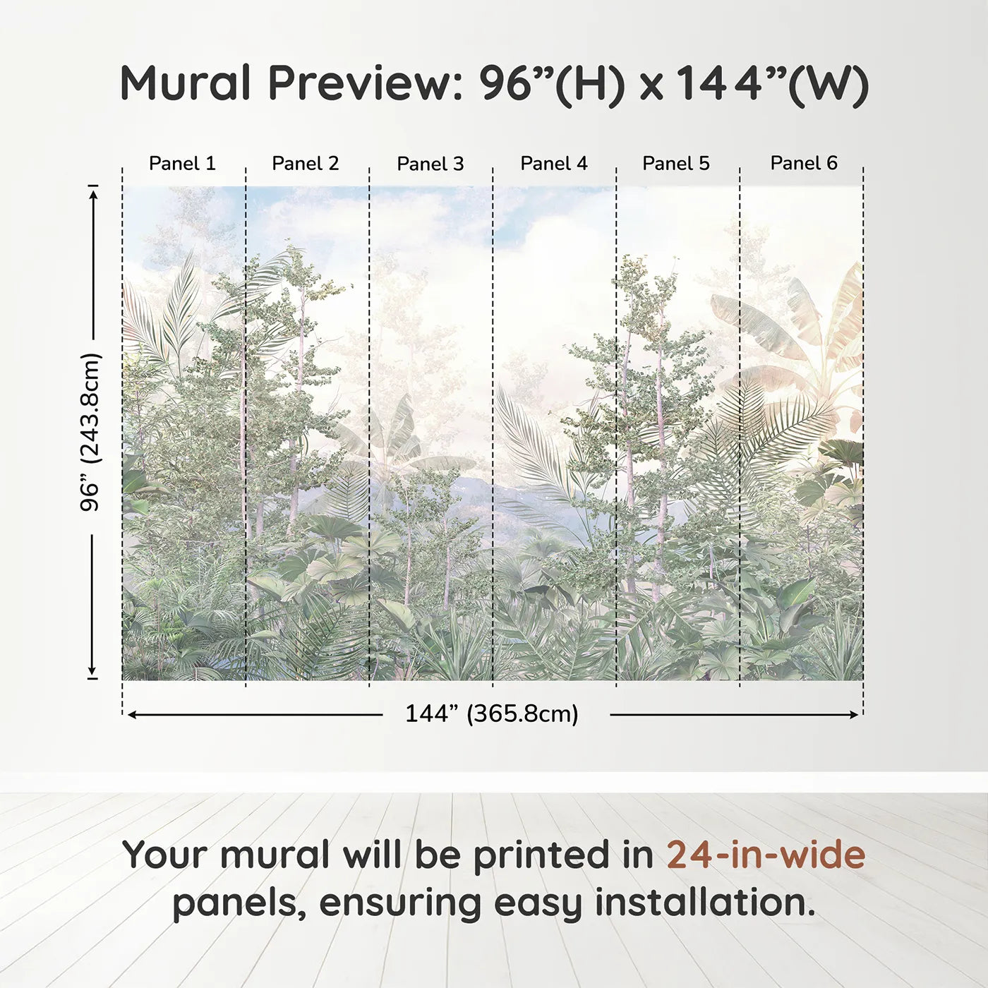 Whimsy Tots Misty Jungle Heights Wall Muraldimension view (96" H x 144" W). Printed in six 24-inch-wide panels. Gender-Neutral