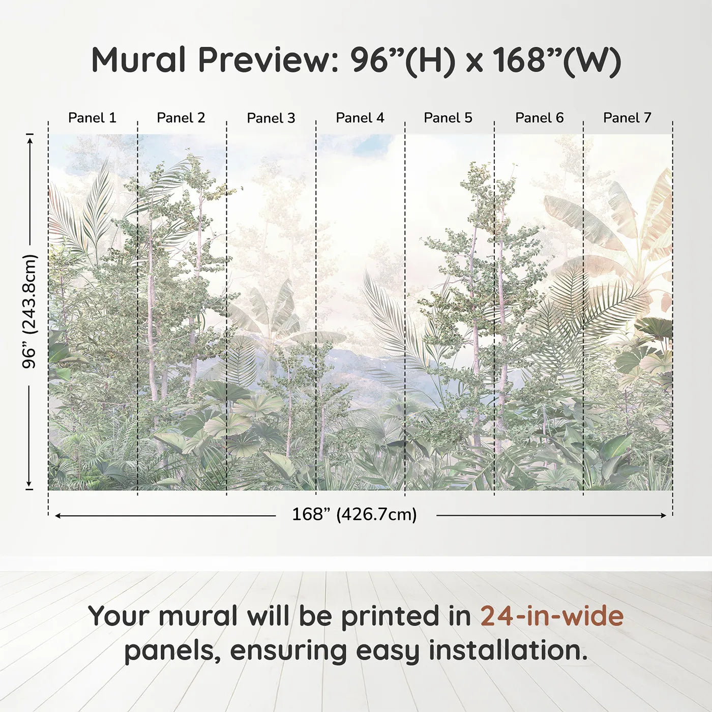 Whimsy Tots Misty Jungle Heights Wall Muraldimension view (96" H x 168" W). Printed in seven 24-inch-wide panels. Gender-Neutral