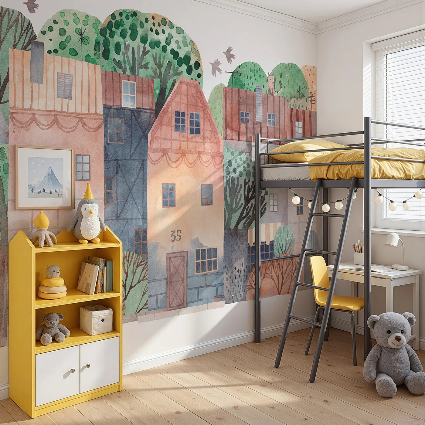 Angled view of Whimsy Tots' Rustic Watercolor Town Wall Mural (Turn Their Room into a Charming, Old-World Village).Gender-Neutral