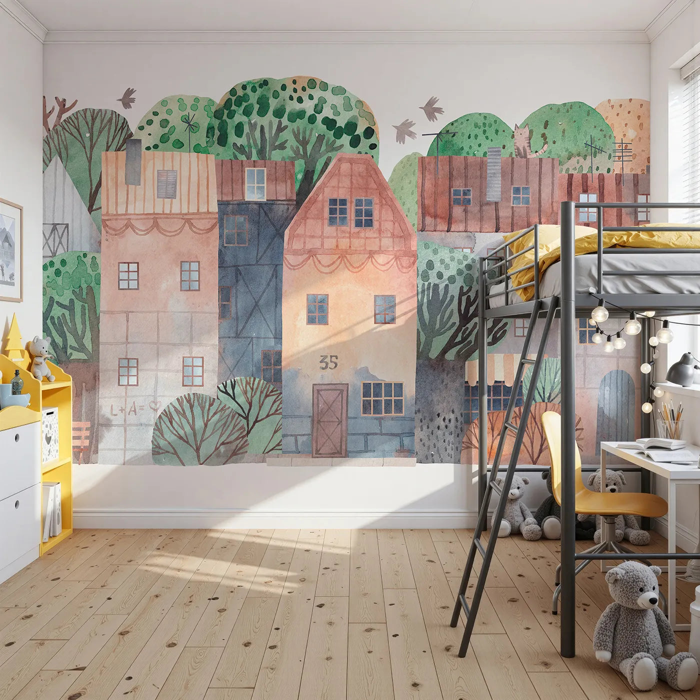 Front view of Whimsy Tots' Rustic Watercolor Town Wall Mural