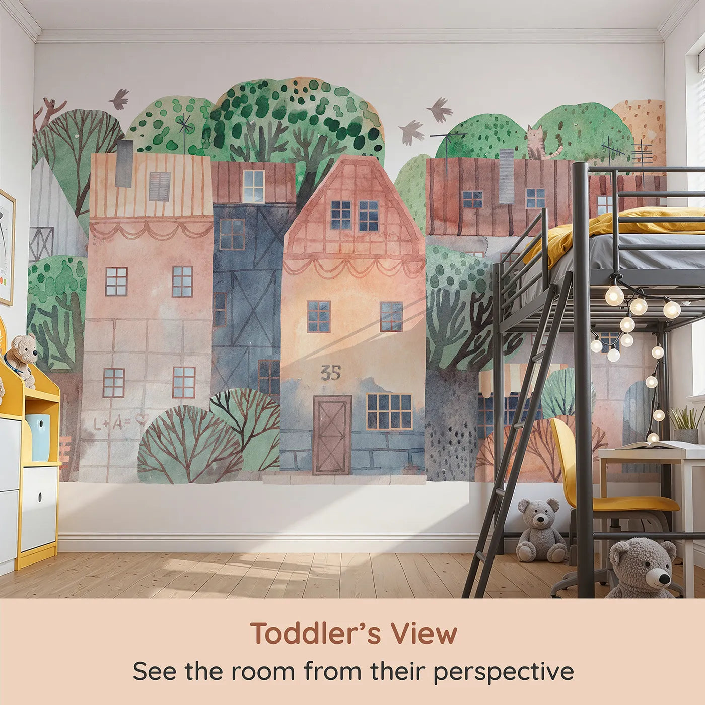 Whimsy Tots Rustic Watercolor Town Wall Mural (Turn Their Room into a Charming, Old-World Village) from your child's view.Gender-Neutral