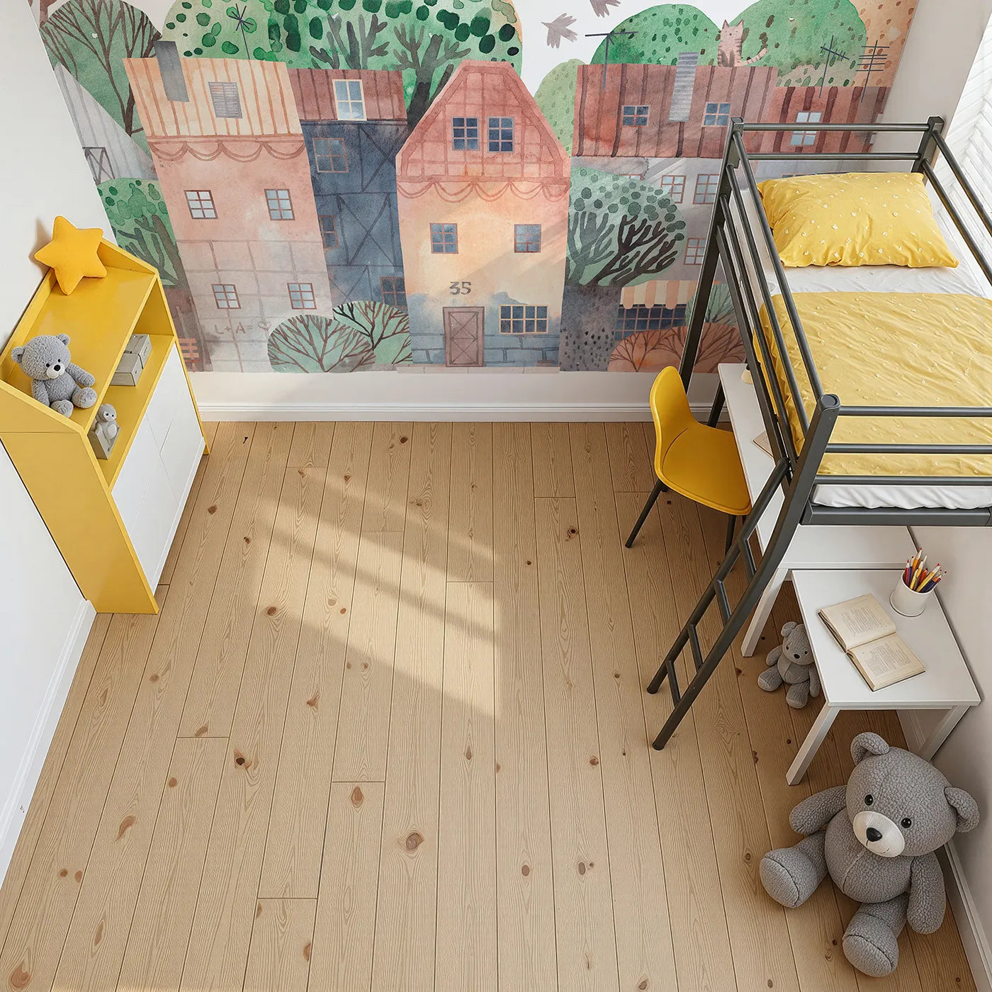 Top-down view of Whimsy Tots' Rustic Watercolor Town Wall Mural (Turn Their Room into a Charming, Old-World Village).Gender-Neutral