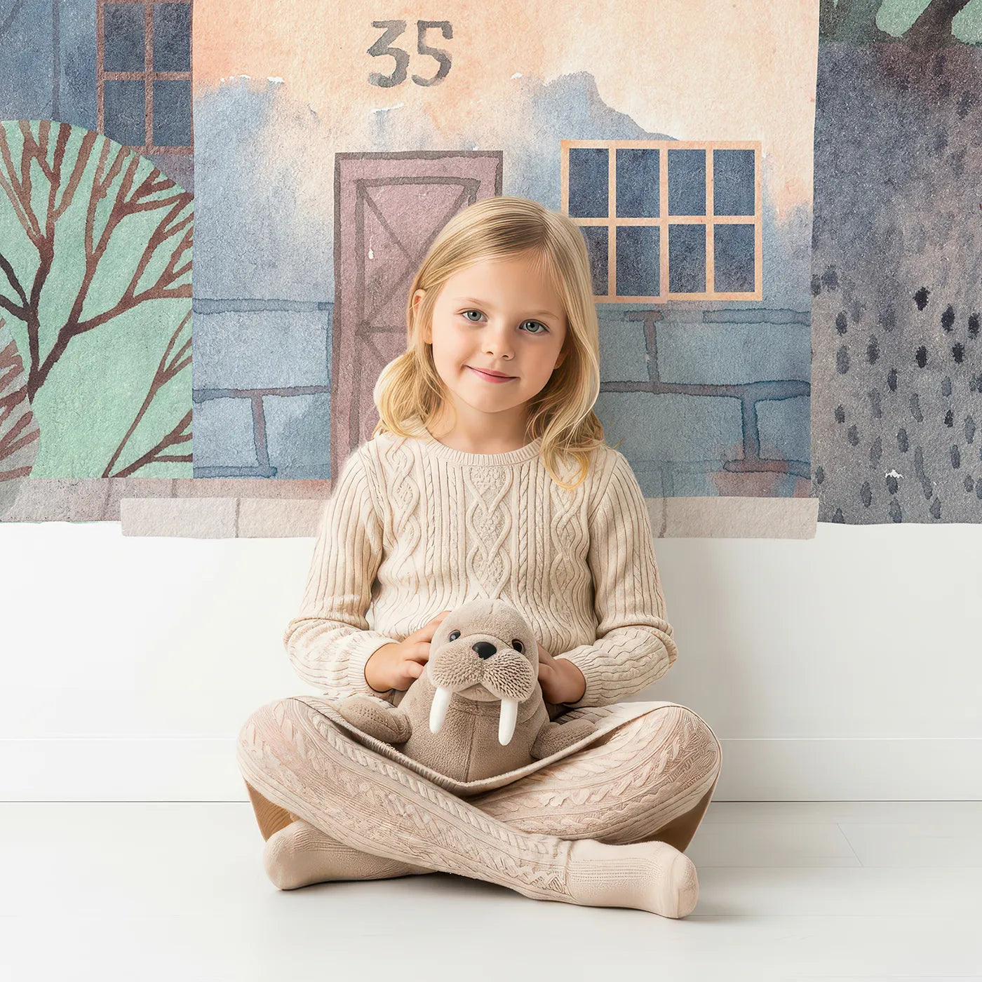 Child in front of Whimsy Tots Rustic Watercolor Town Wall Mural with town, house, watercolor, rustic, village, european, brown, cozy in design.