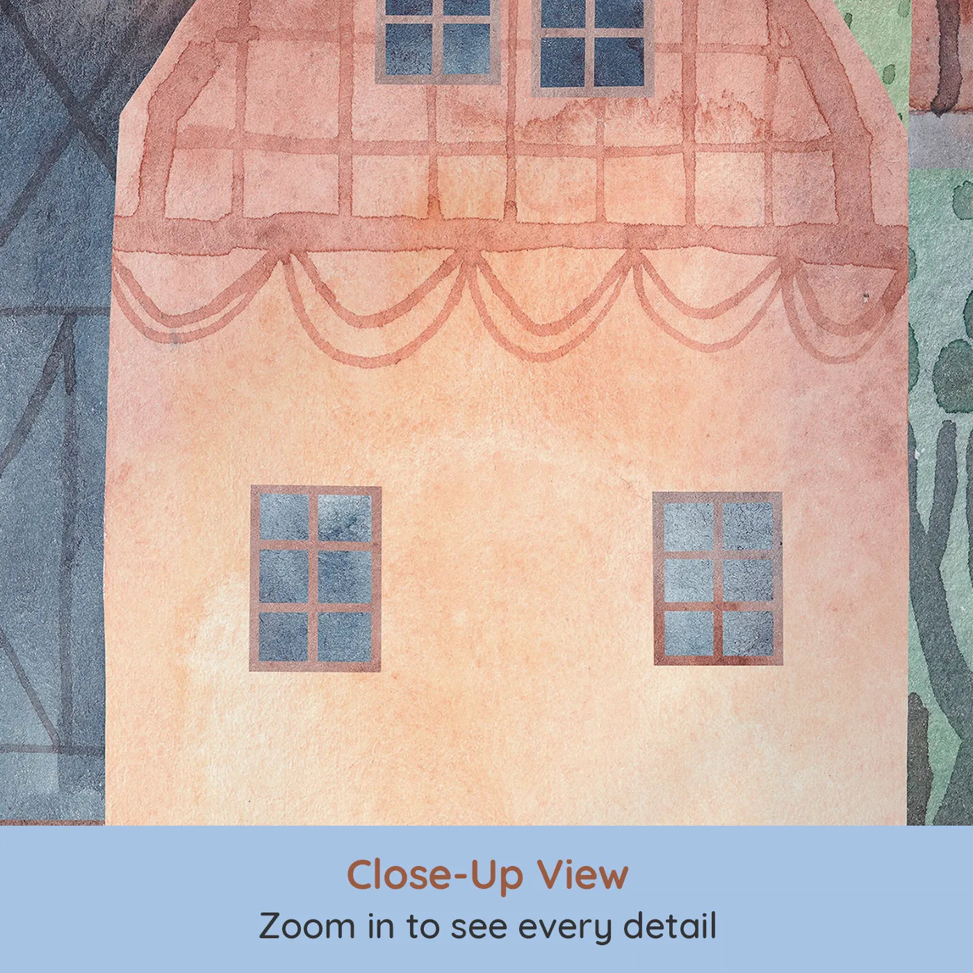 Close-up view of Whimsy Tots' Rustic Watercolor Town Wall Mural (Turn Their Room into a Charming, Old-World Village).Gender-Neutral