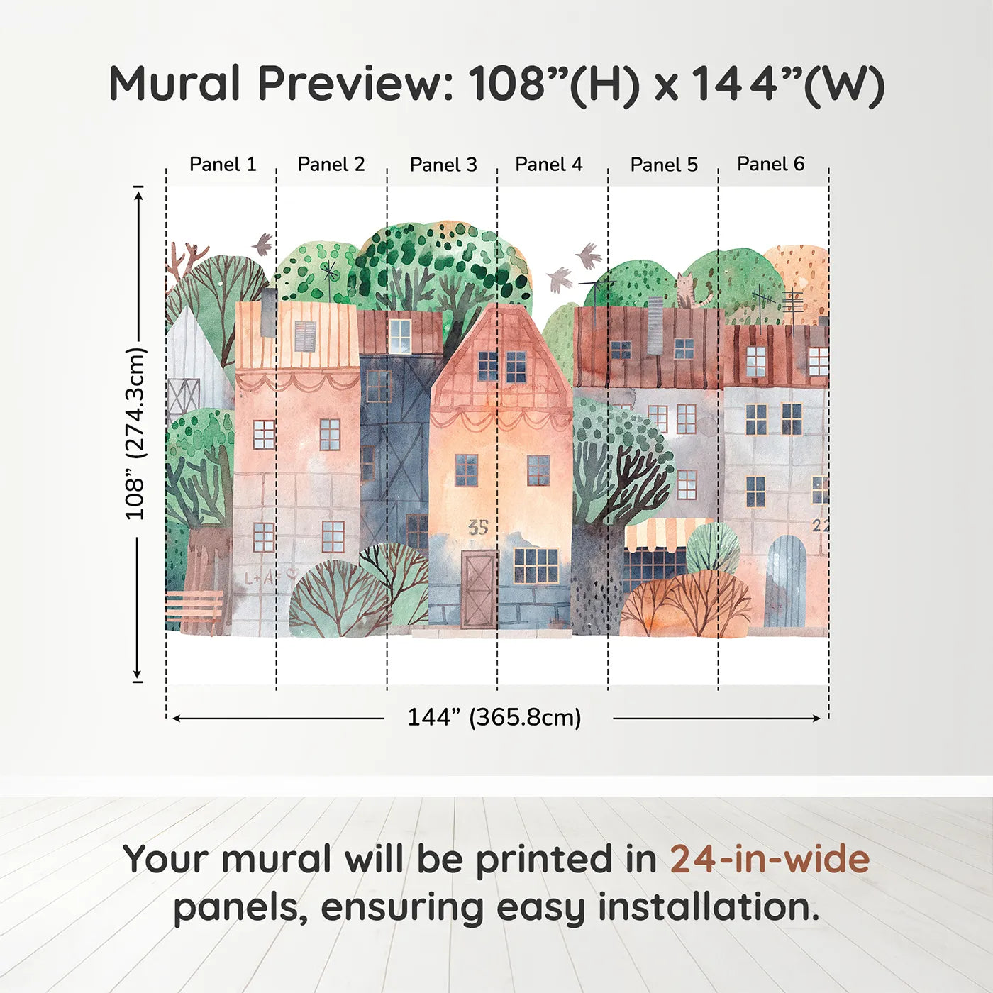 Whimsy Tots Rustic Watercolor Town Wall Muraldimension view (108" H x 144" W). Printed in six 24-inch-wide panels. Gender-Neutral