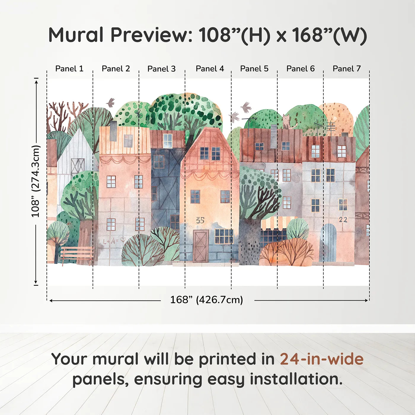 Whimsy Tots Rustic Watercolor Town Wall Muraldimension view (108" H x 168" W). Printed in seven 24-inch-wide panels. Gender-Neutral