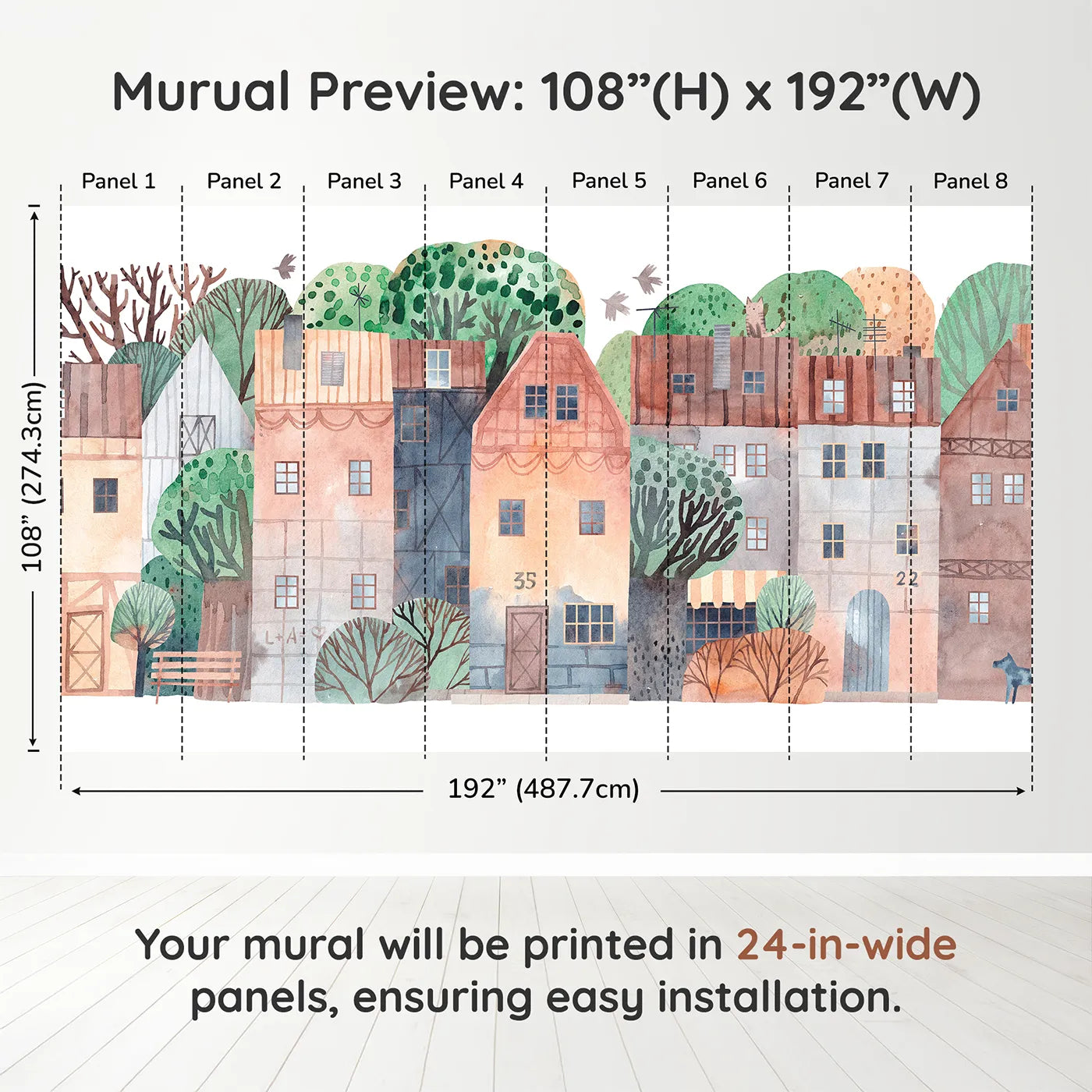 Whimsy Tots Rustic Watercolor Town Wall Muraldimension view (108" H x 192" W). Printed in eight 24-inch-wide panels. Gender-Neutral