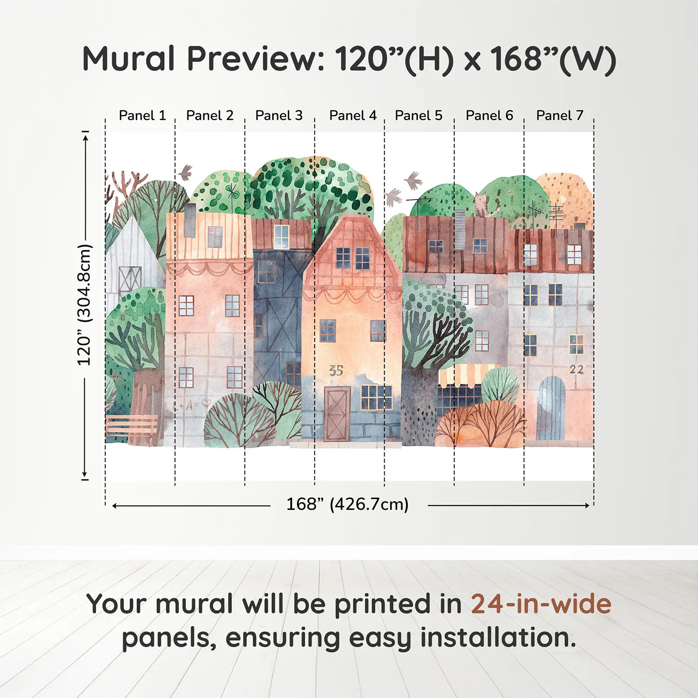 Whimsy Tots Rustic Watercolor Town Wall Muraldimension view (120" H x 168" W). Printed in seven 24-inch-wide panels. Gender-Neutral