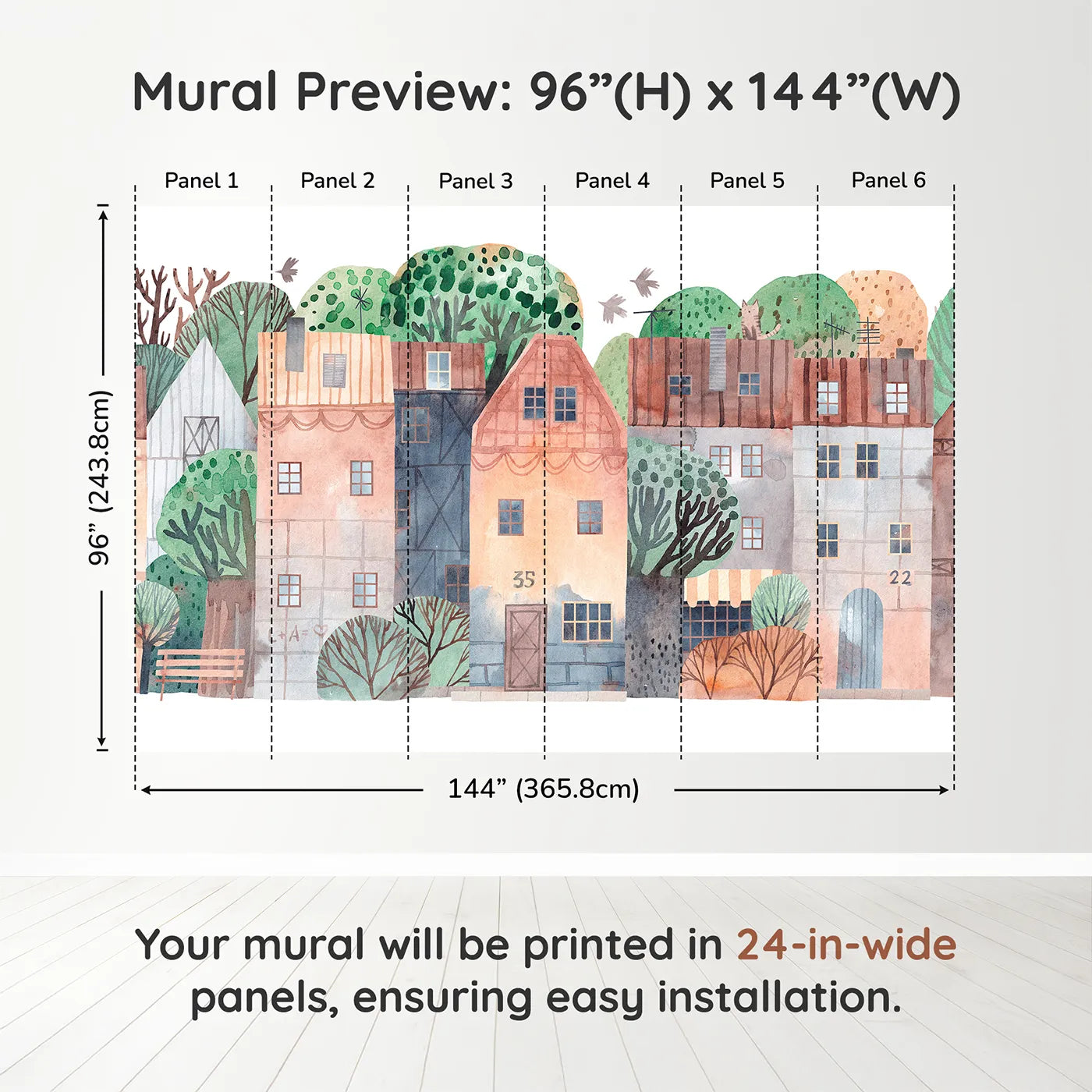 Whimsy Tots Rustic Watercolor Town Wall Muraldimension view (96" H x 144" W). Printed in six 24-inch-wide panels. Gender-Neutral