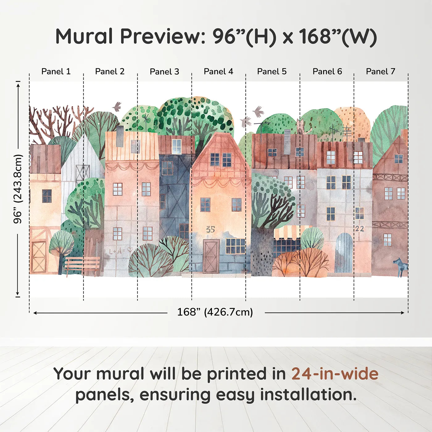 Whimsy Tots Rustic Watercolor Town Wall Muraldimension view (96" H x 168" W). Printed in seven 24-inch-wide panels. Gender-Neutral