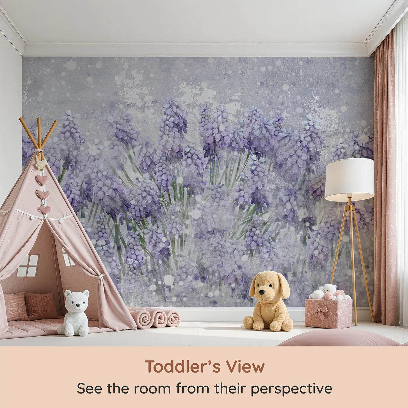 Whimsy Tots Snowy Hyacinth Field Wall Mural (Turn Their Room into a Magical, Wintry Flower Field) from your child's view.Gender-Neutral