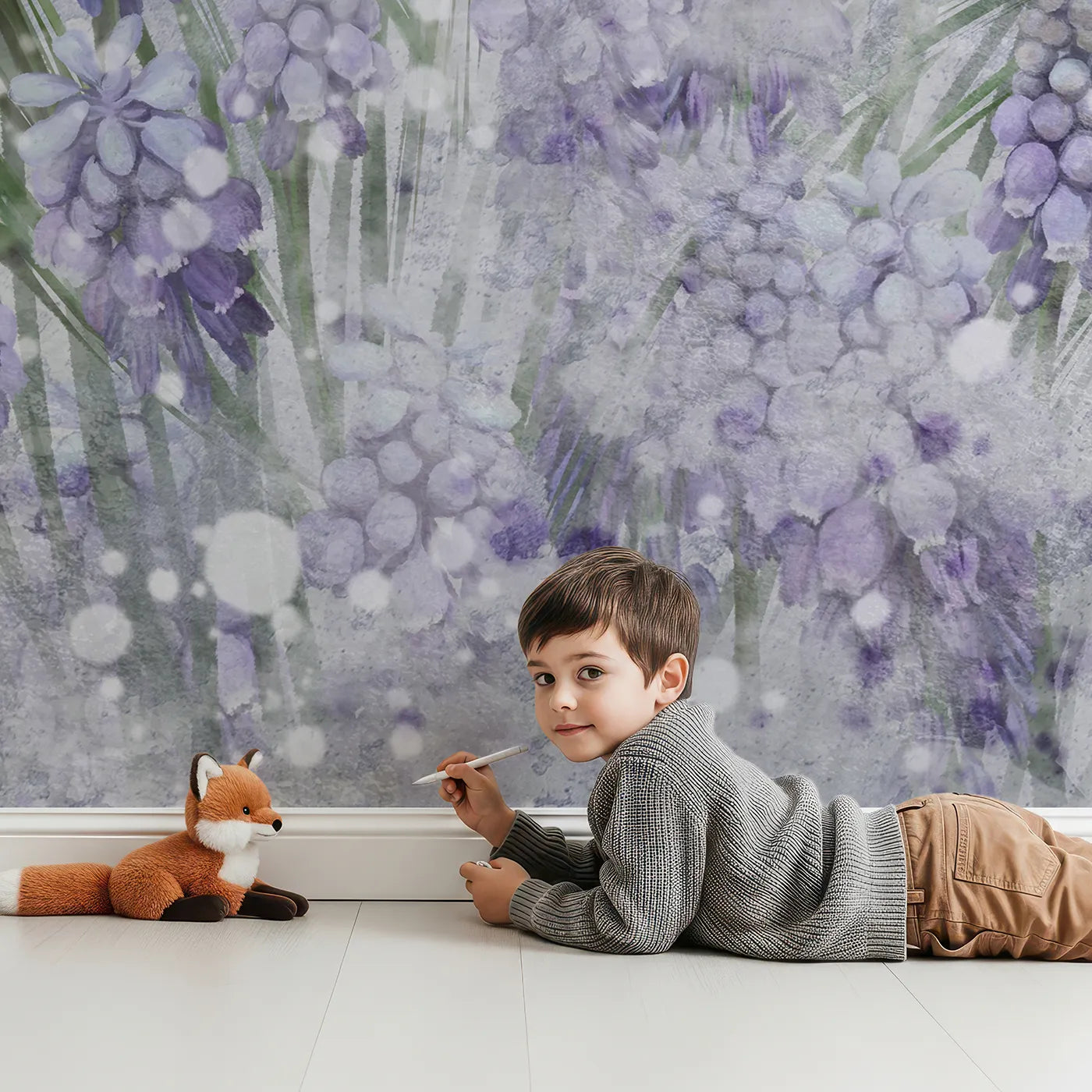 Child in front of Whimsy Tots Snowy Hyacinth Field Wall Mural with flower, hyacinth, snow, winter, purple, floral, gray, magical in design.