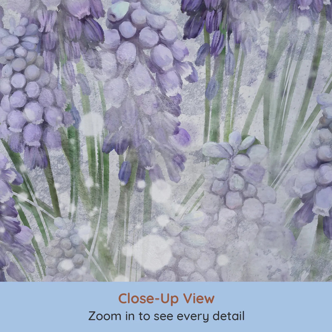 Close-up view of Whimsy Tots' Snowy Hyacinth Field Wall Mural (Turn Their Room into a Magical, Wintry Flower Field).Gender-Neutral