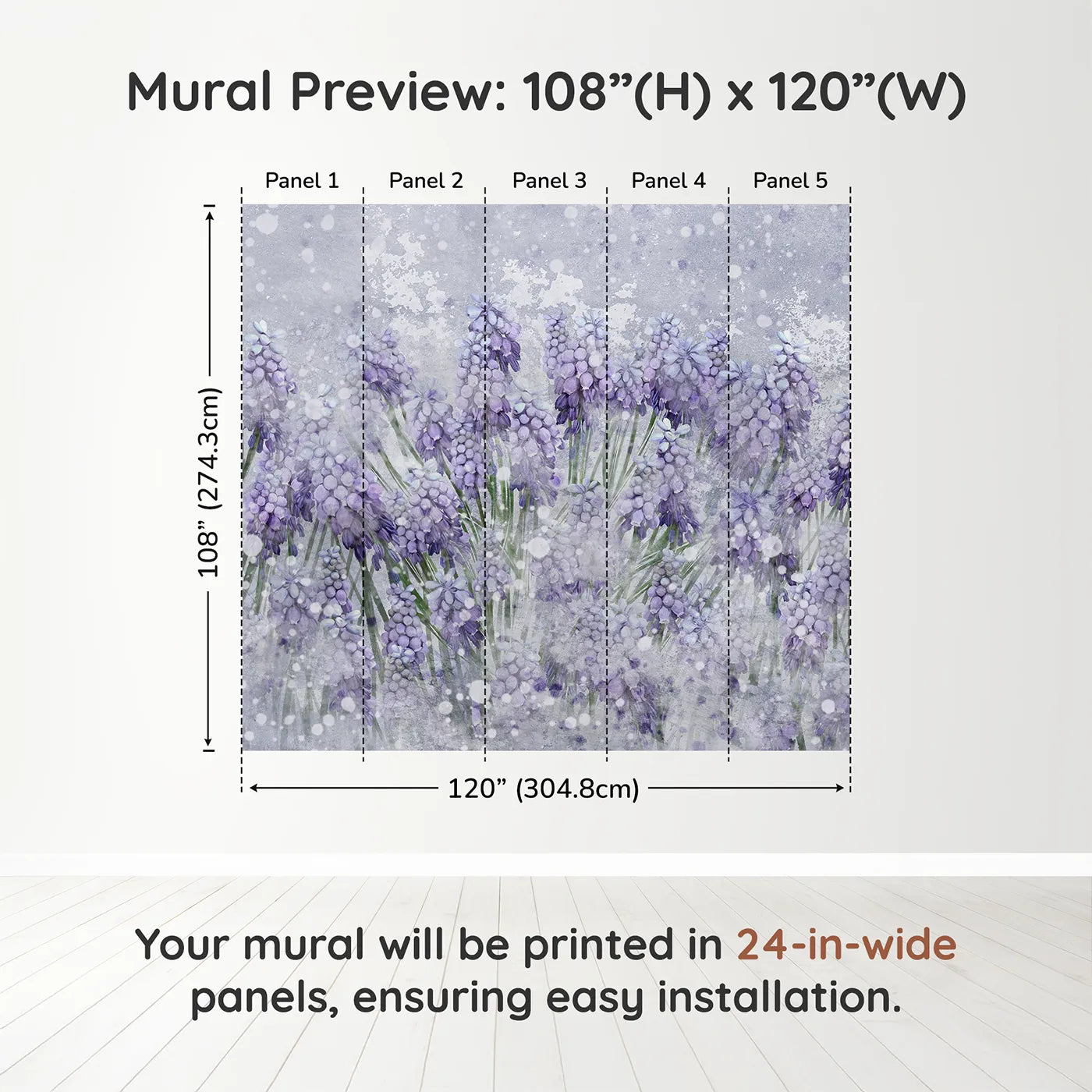 Whimsy Tots Snowy Hyacinth Field Wall Muraldimension view (108" H x 120" W). Printed in five 24-inch-wide panels. Gender-Neutral