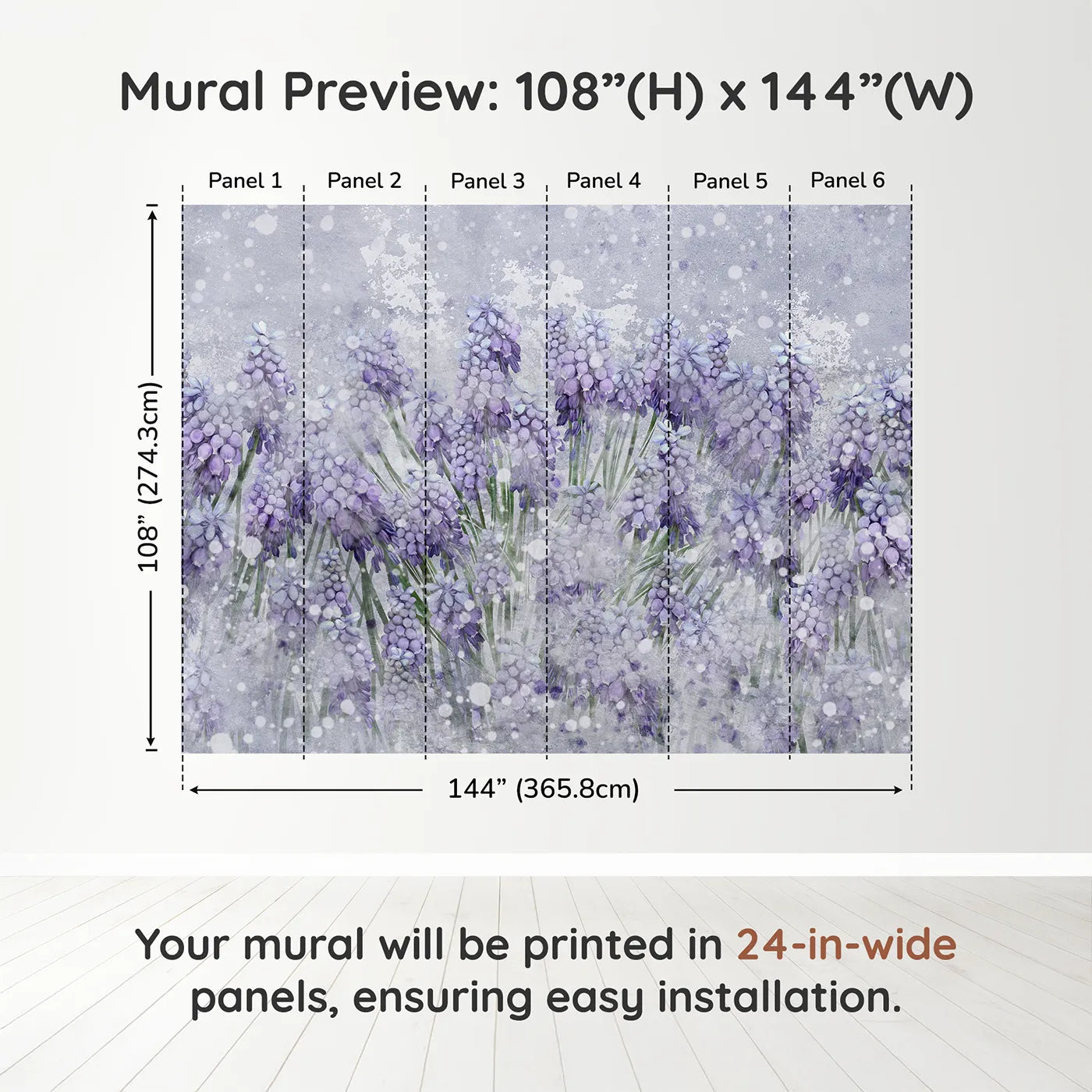Whimsy Tots Snowy Hyacinth Field Wall Muraldimension view (108" H x 144" W). Printed in six 24-inch-wide panels. Gender-Neutral