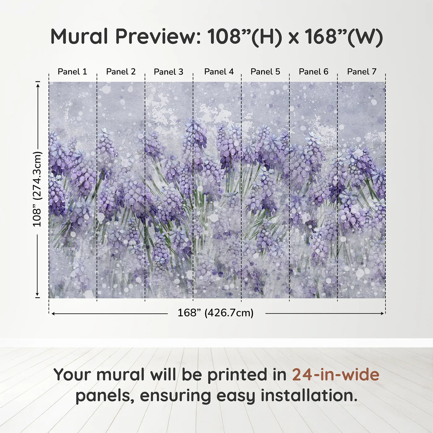 Whimsy Tots Snowy Hyacinth Field Wall Muraldimension view (108" H x 168" W). Printed in seven 24-inch-wide panels. Gender-Neutral