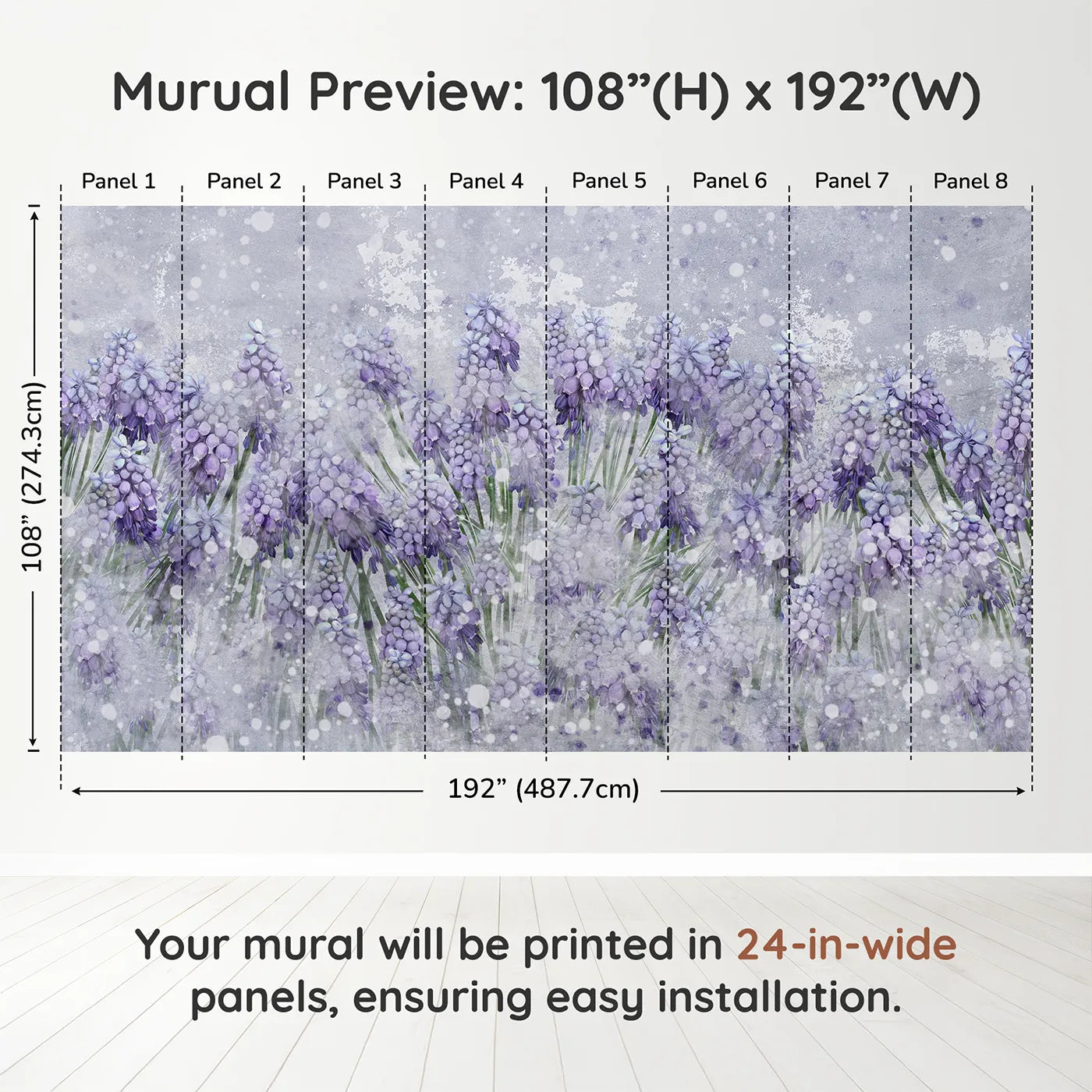 Whimsy Tots Snowy Hyacinth Field Wall Muraldimension view (108" H x 192" W). Printed in eight 24-inch-wide panels. Gender-Neutral