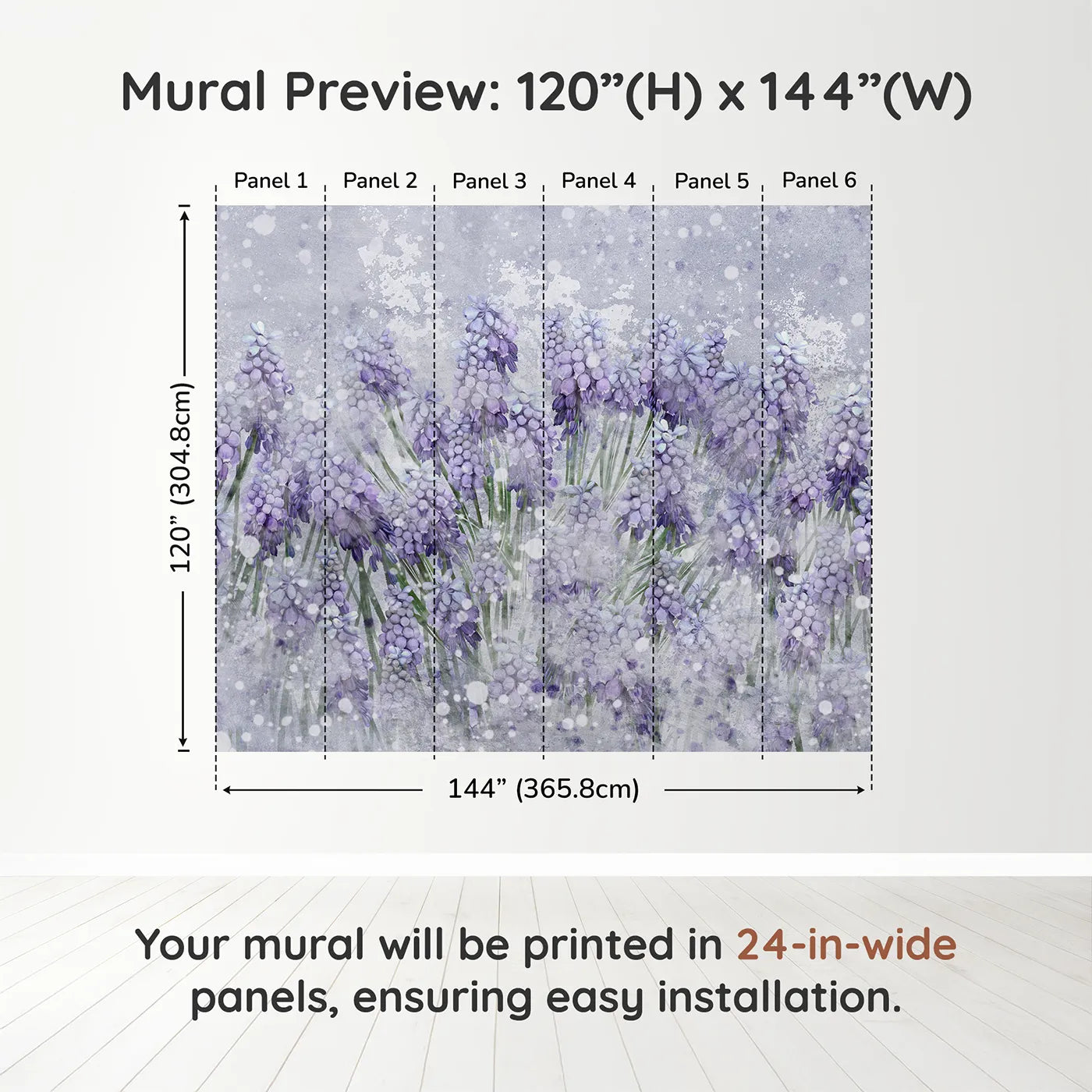 Whimsy Tots Snowy Hyacinth Field Wall Muraldimension view (120" H x 144" W). Printed in six 24-inch-wide panels. Gender-Neutral