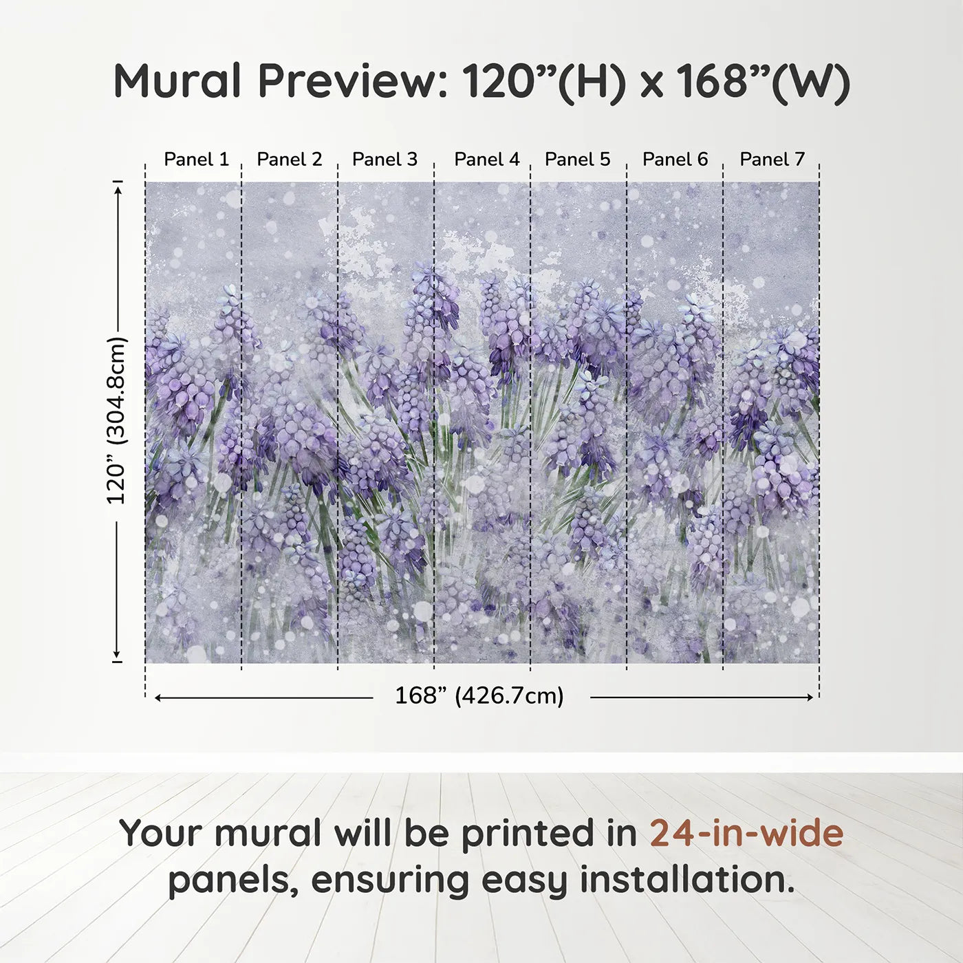 Whimsy Tots Snowy Hyacinth Field Wall Muraldimension view (120" H x 168" W). Printed in seven 24-inch-wide panels. Gender-Neutral