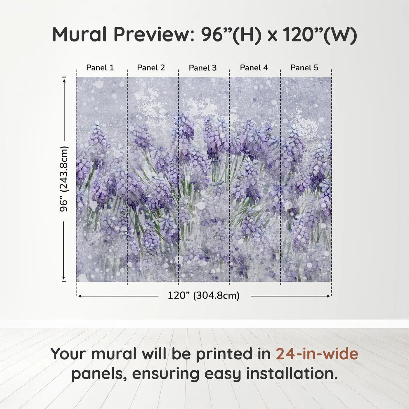 Whimsy Tots Snowy Hyacinth Field Wall Muraldimension view (96" H x 120" W). Printed in five 24-inch-wide panels. Gender-Neutral