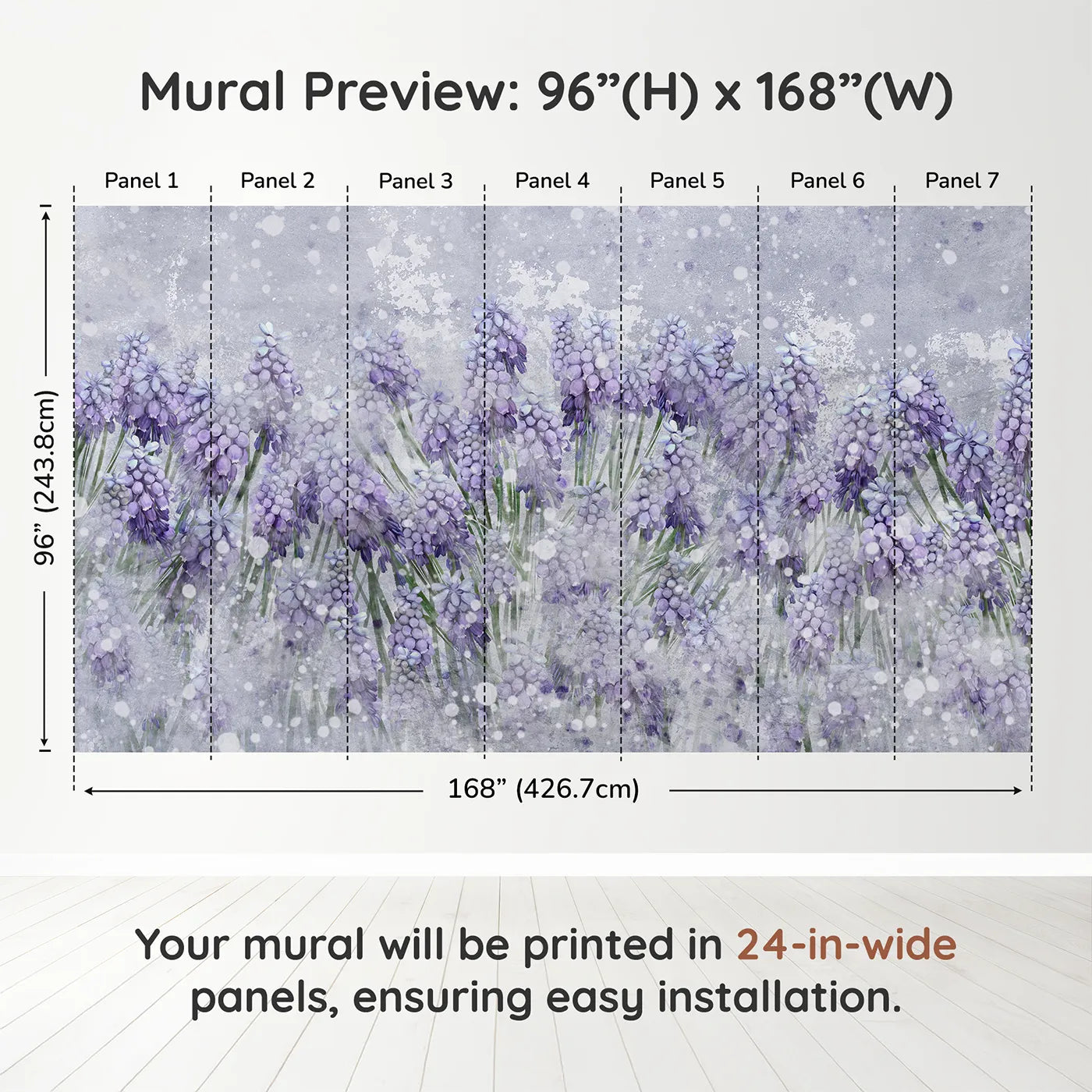 Whimsy Tots Snowy Hyacinth Field Wall Muraldimension view (96" H x 168" W). Printed in seven 24-inch-wide panels. Gender-Neutral