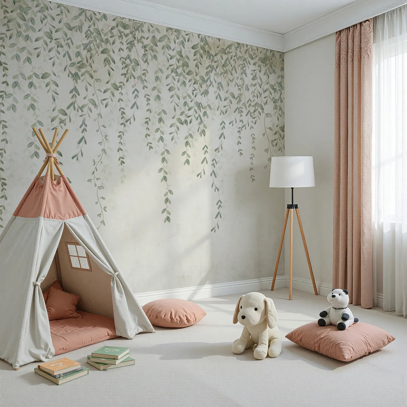 Angled view of Whimsy Tots' Hanging Vines Wall Mural (Turn Their Room into a Gentle, Leafy Hideaway).Gender-Neutral