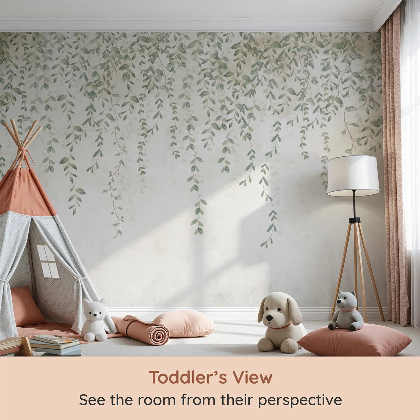 Whimsy Tots Hanging Vines Wall Mural (Turn Their Room into a Gentle, Leafy Hideaway) from your child's view.Gender-Neutral