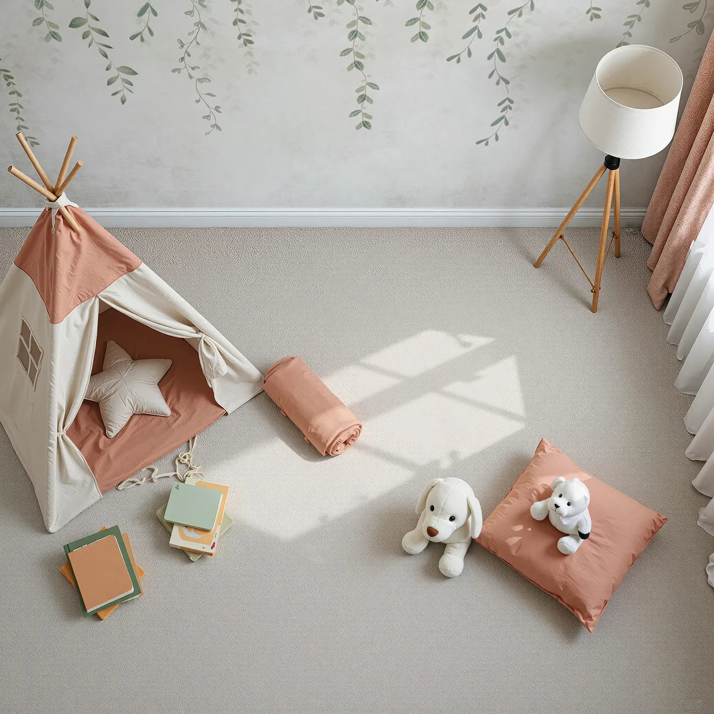 Top-down view of Whimsy Tots' Hanging Vines Wall Mural (Turn Their Room into a Gentle, Leafy Hideaway).Gender-Neutral