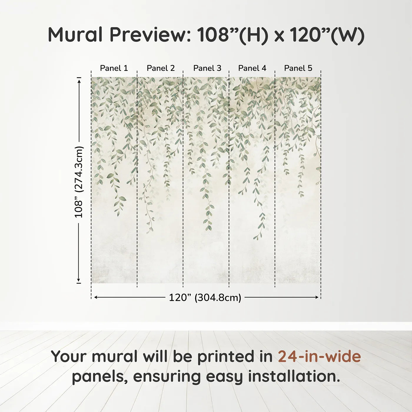 Whimsy Tots Hanging Vines Wall Muraldimension view (108" H x 120" W). Printed in five 24-inch-wide panels. Gender-Neutral