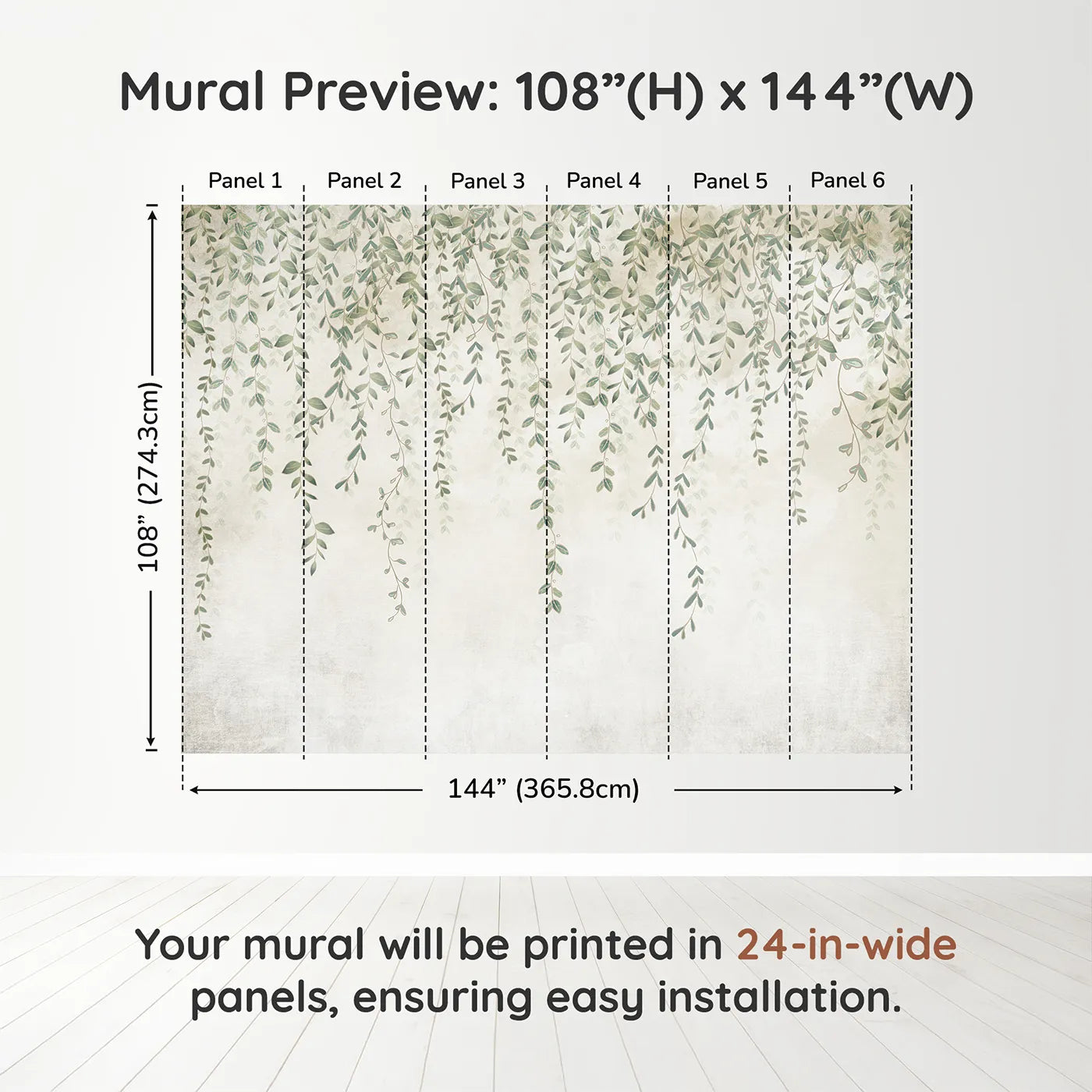 Whimsy Tots Hanging Vines Wall Muraldimension view (108" H x 144" W). Printed in six 24-inch-wide panels. Gender-Neutral