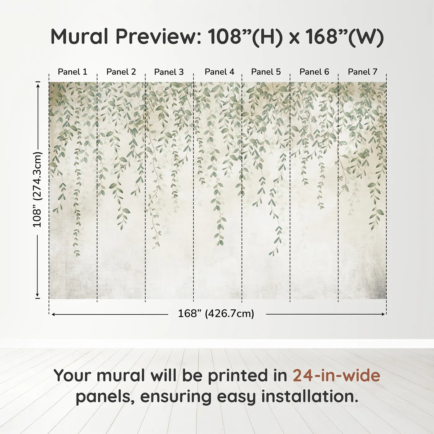 Whimsy Tots Hanging Vines Wall Muraldimension view (108" H x 168" W). Printed in seven 24-inch-wide panels. Gender-Neutral