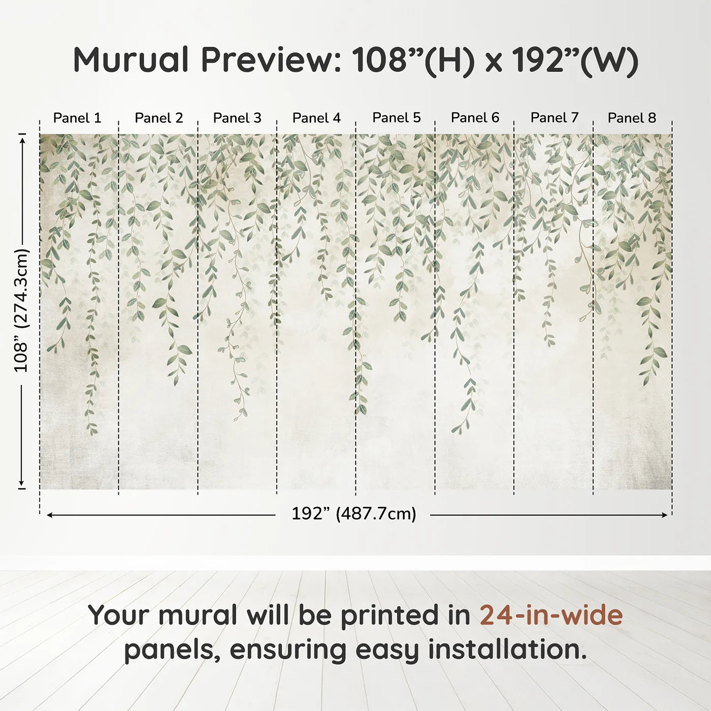 Whimsy Tots Hanging Vines Wall Muraldimension view (108" H x 192" W). Printed in eight 24-inch-wide panels. Gender-Neutral