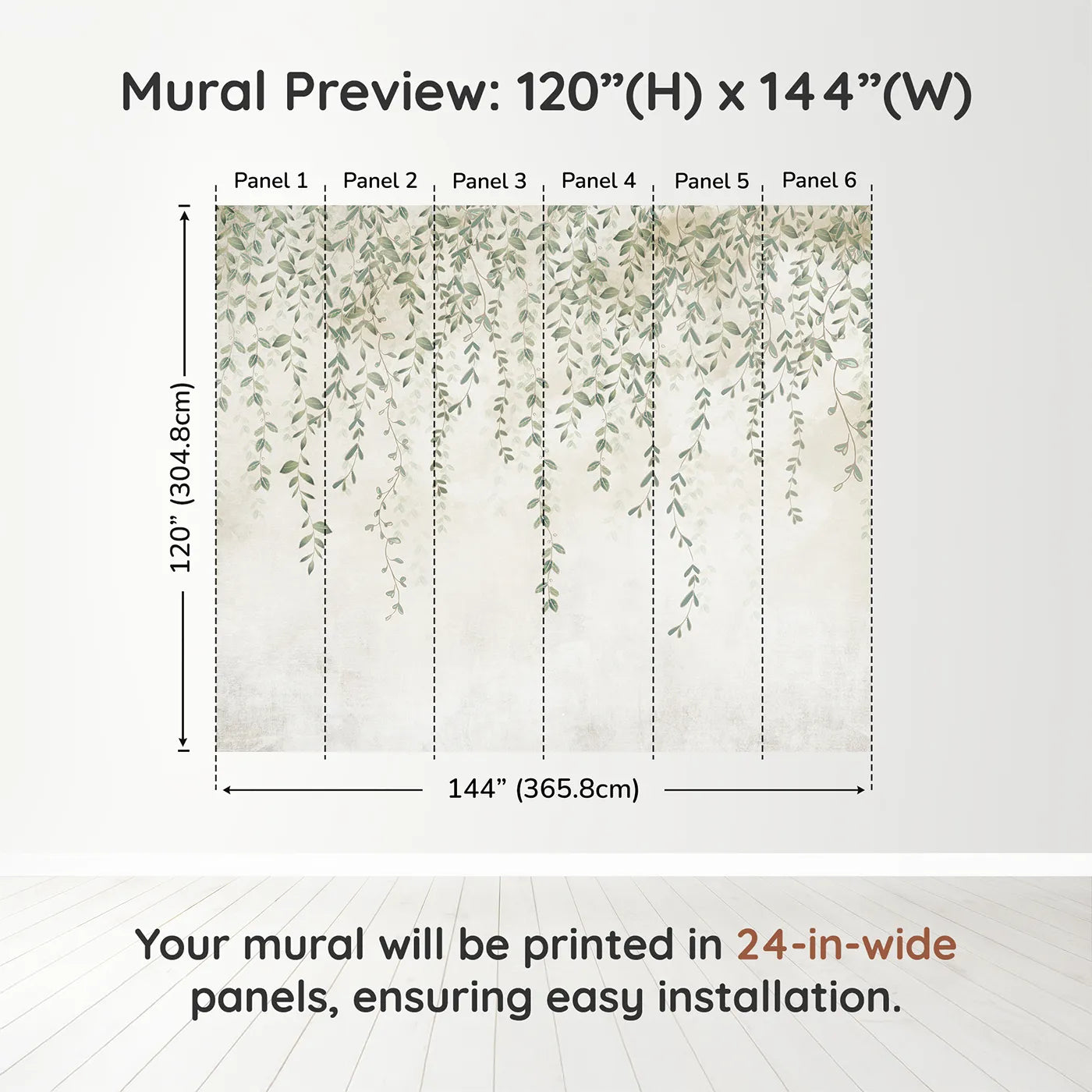 Whimsy Tots Hanging Vines Wall Muraldimension view (120" H x 144" W). Printed in six 24-inch-wide panels. Gender-Neutral