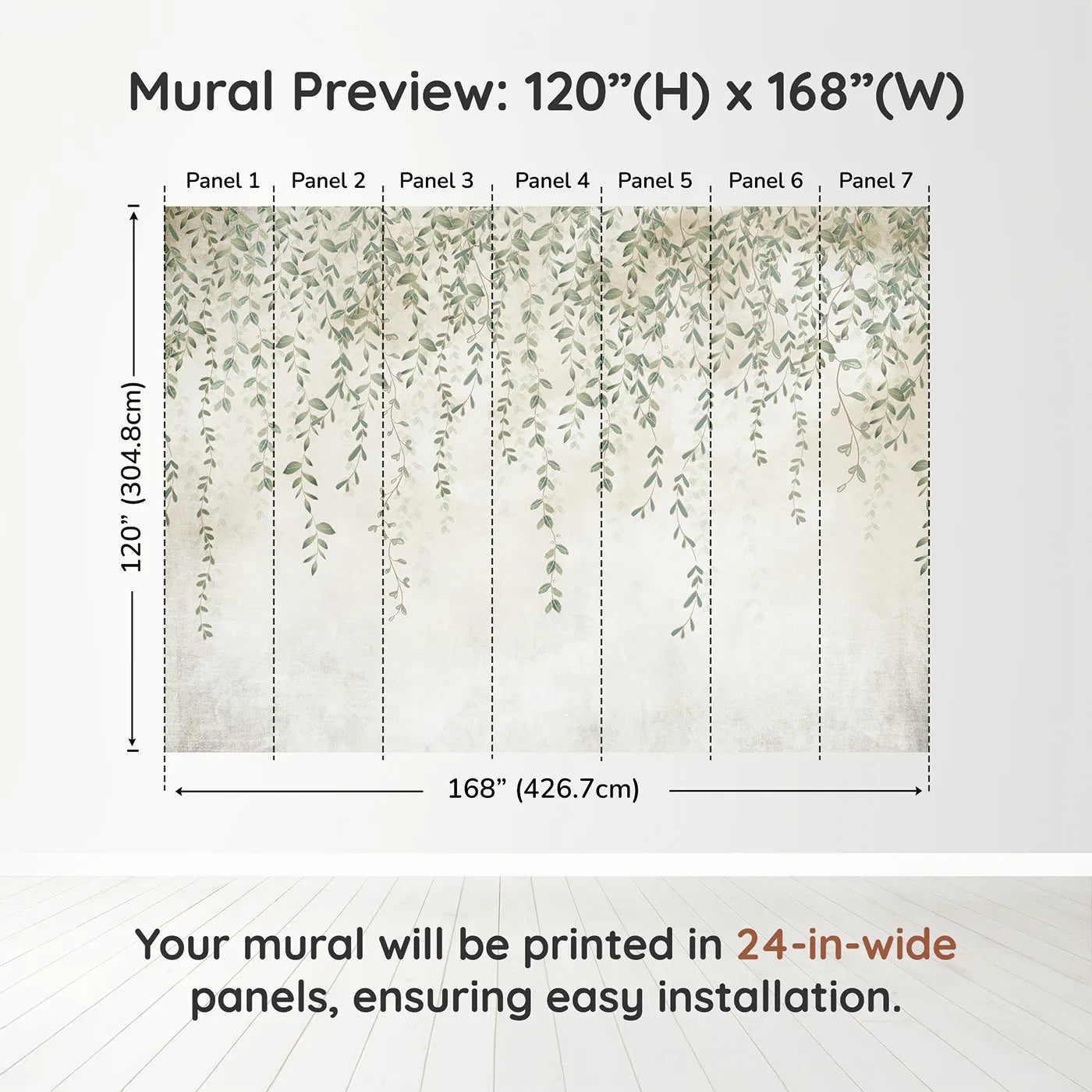 Whimsy Tots Hanging Vines Wall Muraldimension view (120" H x 168" W). Printed in seven 24-inch-wide panels. Gender-Neutral