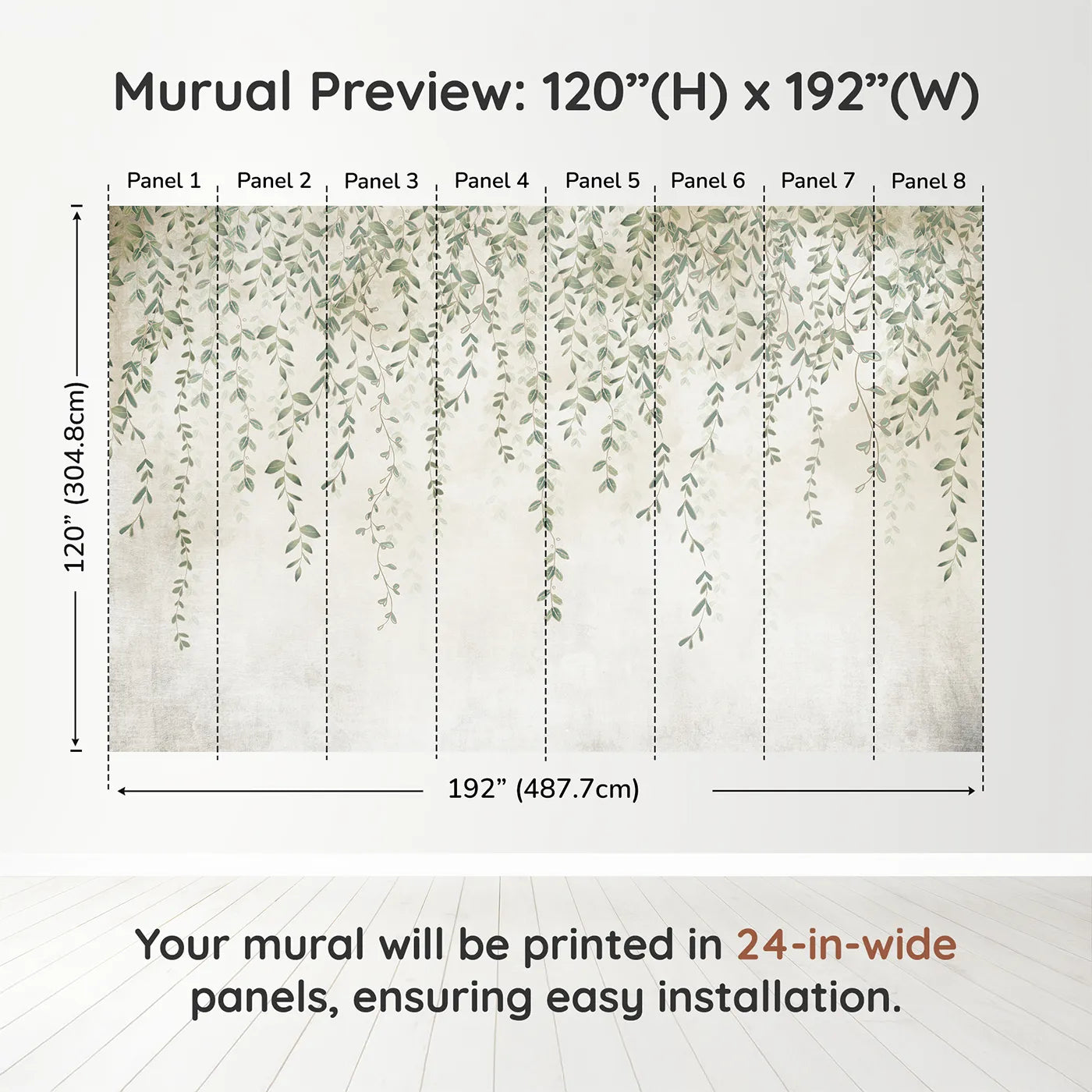 Whimsy Tots Hanging Vines Wall Muraldimension view (120" H x 192" W). Printed in eight 24-inch-wide panels. Gender-Neutral