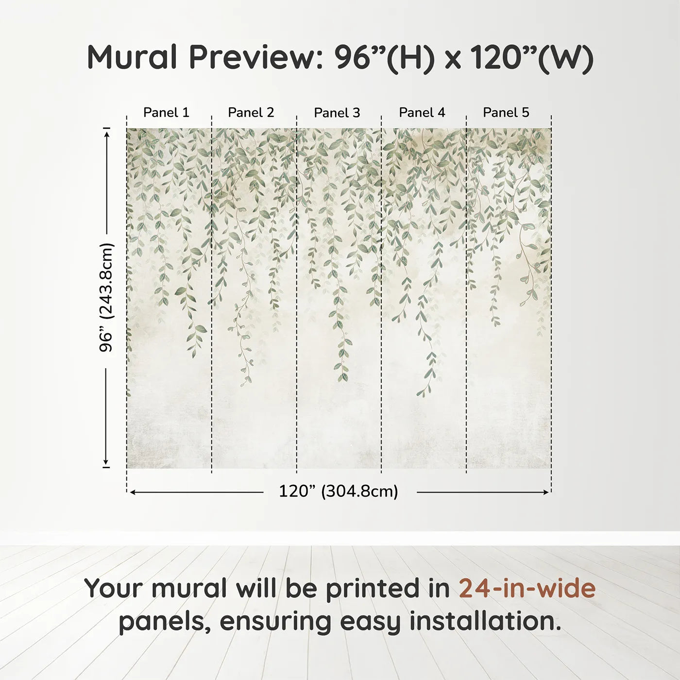 Whimsy Tots Hanging Vines Wall Muraldimension view (96" H x 120" W). Printed in five 24-inch-wide panels. Gender-Neutral