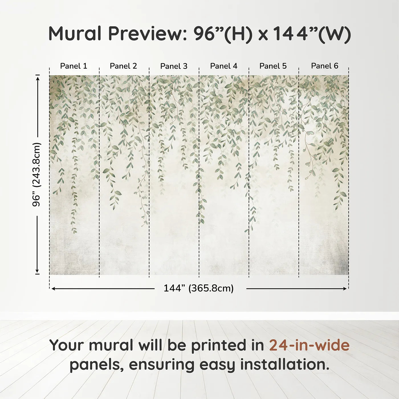 Whimsy Tots Hanging Vines Wall Muraldimension view (96" H x 144" W). Printed in six 24-inch-wide panels. Gender-Neutral