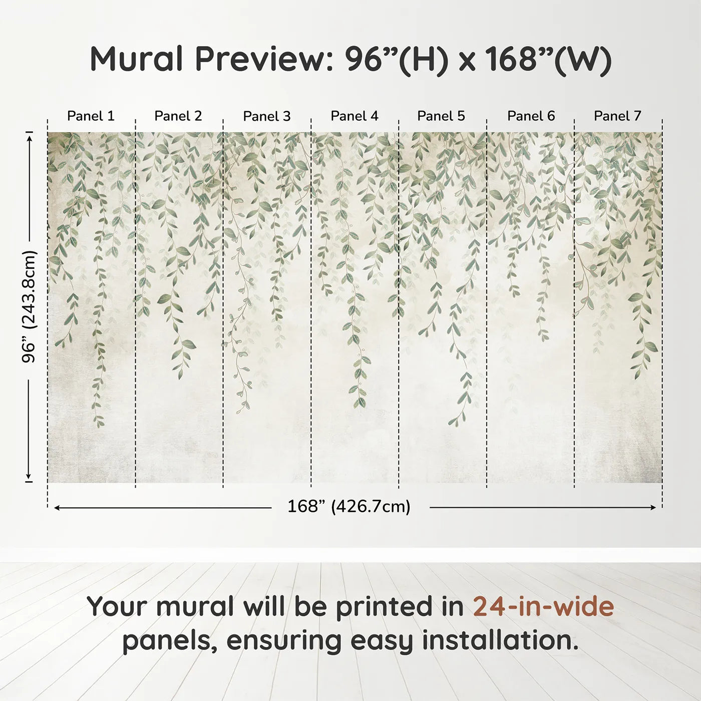 Whimsy Tots Hanging Vines Wall Muraldimension view (96" H x 168" W). Printed in seven 24-inch-wide panels. Gender-Neutral