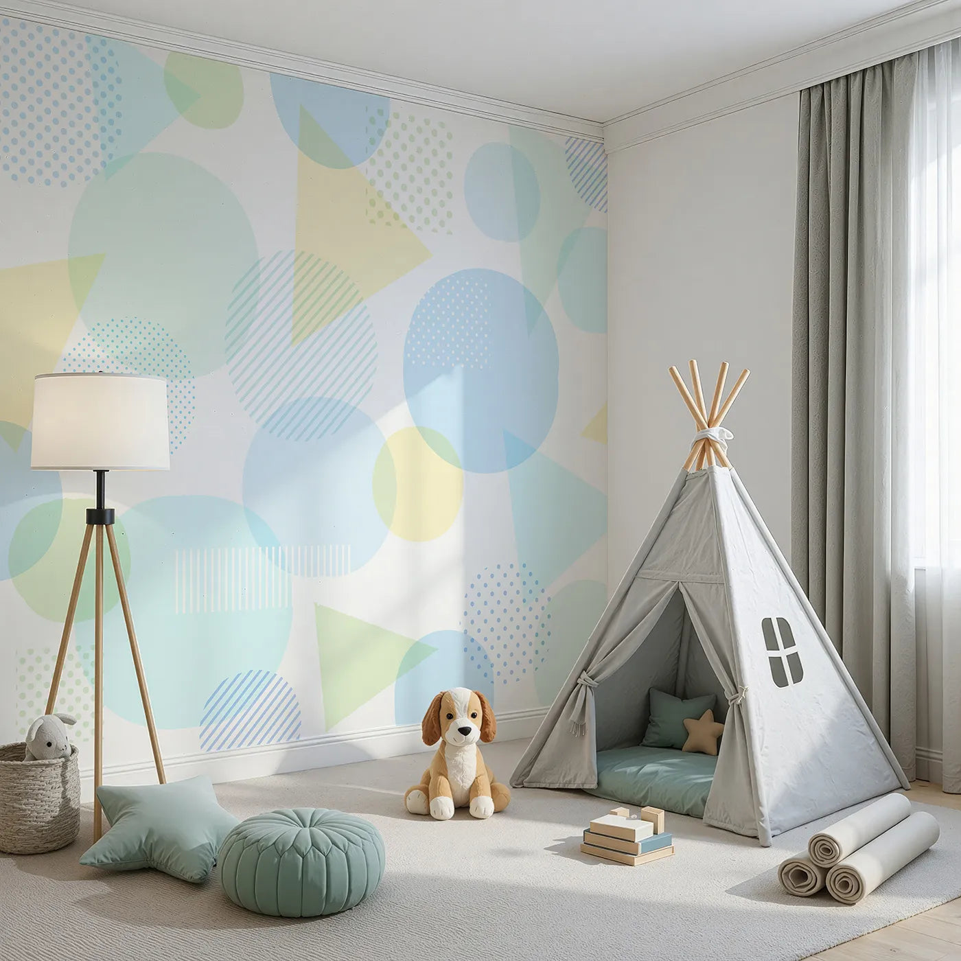 Angled view of Whimsy Tots' Pastel Geometric Play Wall Mural (Turn Their Room into a Playground of Soft Shapes and Colors).Gender-Neutral