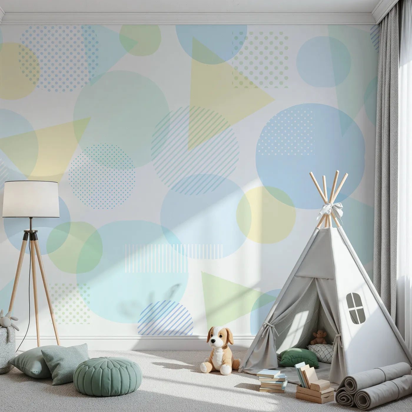 Front view of Whimsy Tots' Pastel Geometric Play Wall Mural