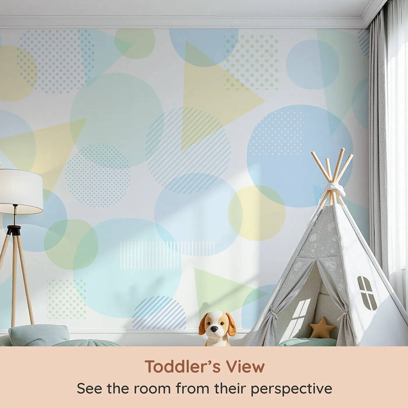 Whimsy Tots Pastel Geometric Play Wall Mural (Turn Their Room into a Playground of Soft Shapes and Colors) from your child's view.Gender-Neutral