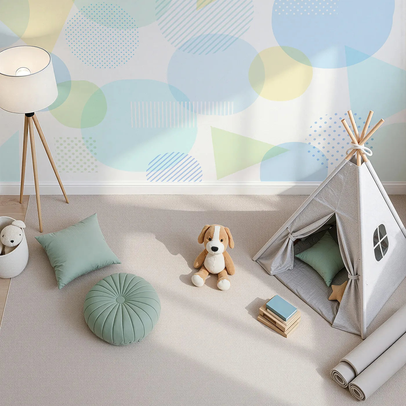 Top-down view of Whimsy Tots' Pastel Geometric Play Wall Mural (Turn Their Room into a Playground of Soft Shapes and Colors).Gender-Neutral