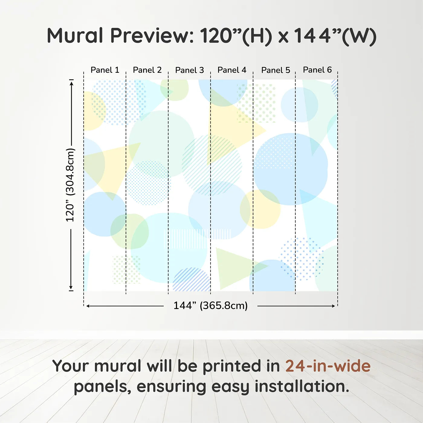 Whimsy Tots Pastel Geometric Play Wall Muraldimension view (120" H x 144" W). Printed in six 24-inch-wide panels. Gender-Neutral