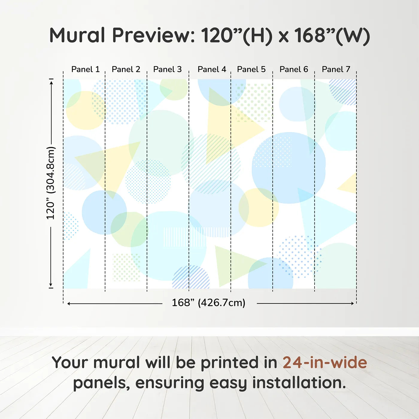 Whimsy Tots Pastel Geometric Play Wall Muraldimension view (120" H x 168" W). Printed in seven 24-inch-wide panels. Gender-Neutral