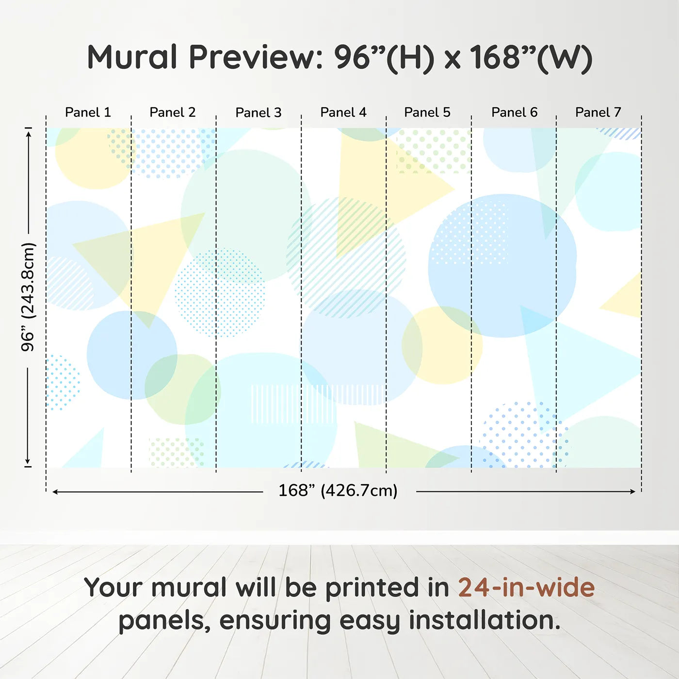 Whimsy Tots Pastel Geometric Play Wall Muraldimension view (96" H x 168" W). Printed in seven 24-inch-wide panels. Gender-Neutral
