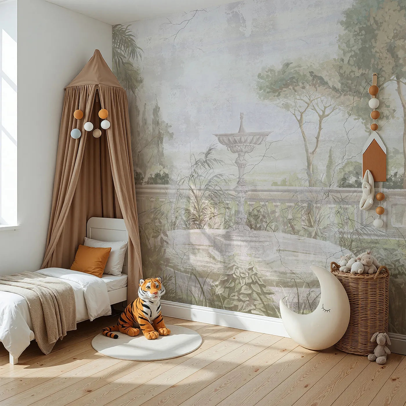 Angled view of Whimsy Tots' Forgotten Garden Fountain Wall Mural (Turn Their Room into a Secret, Overgrown Garden).Gender-Neutral